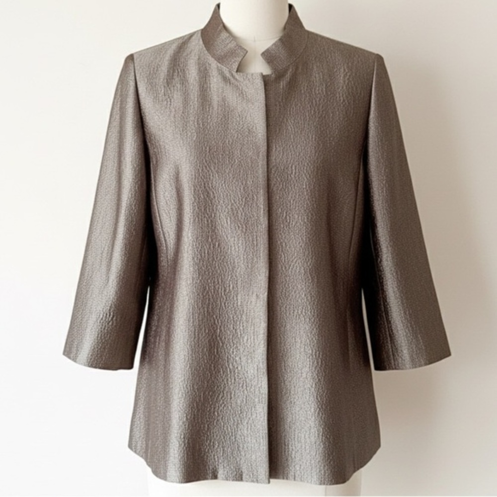 Eileen Fisher Silk Matrix Jacket Metallic Taupe Hidden Button Front Size XS EUC